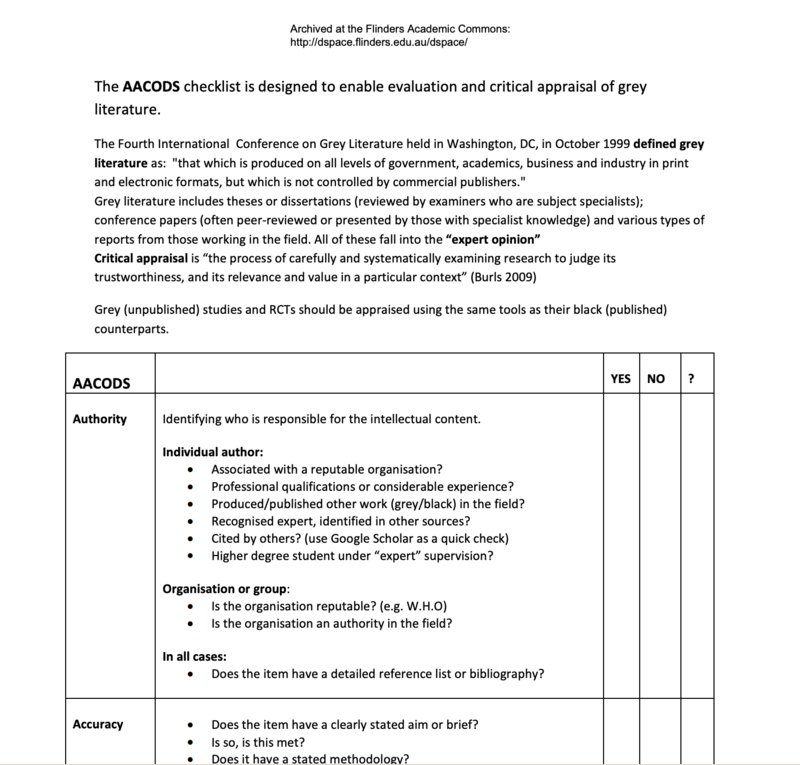 AACODS quality checklist scoring each report
